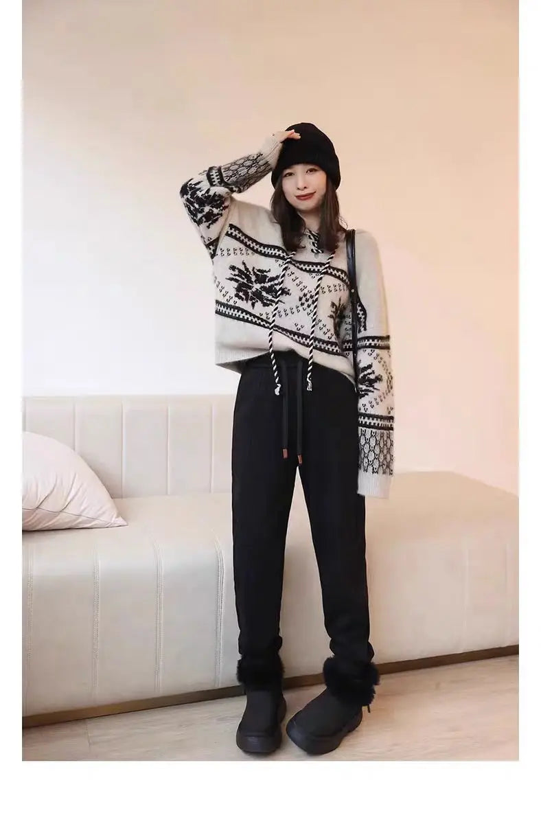 100% pure wool cashmere sweater women's 2024 autumn and winter new hooded collar pullover fashionable loose knit plus size top