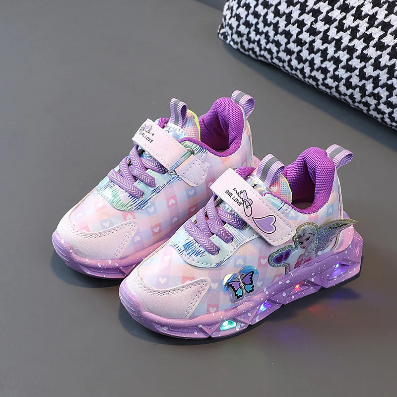 Pink Elsa Princess Baby Girls Sneaker Cartoon Fashion Children's Shoes Spring Autumn Kids Led Lighting Sports Sneakers