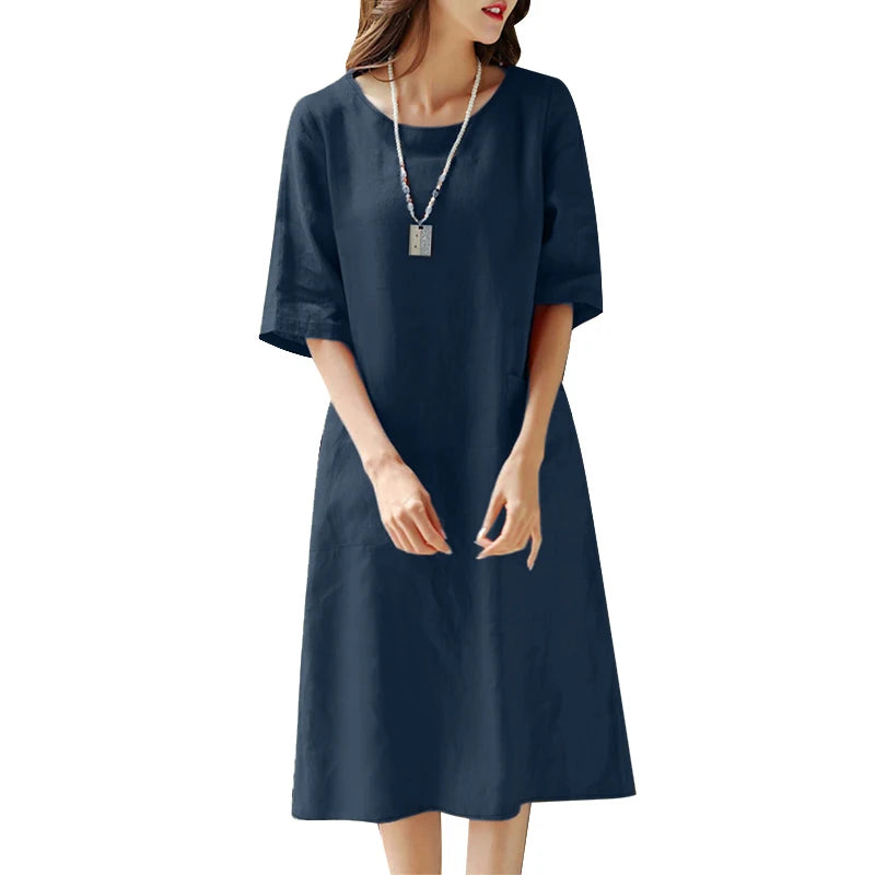 2025 Spring Summer Dress ZANZEA Women O Neck Half Sleeve Sundress Solid Cotton Dresses Robe Femme Casual Loose Holiday Vestidos