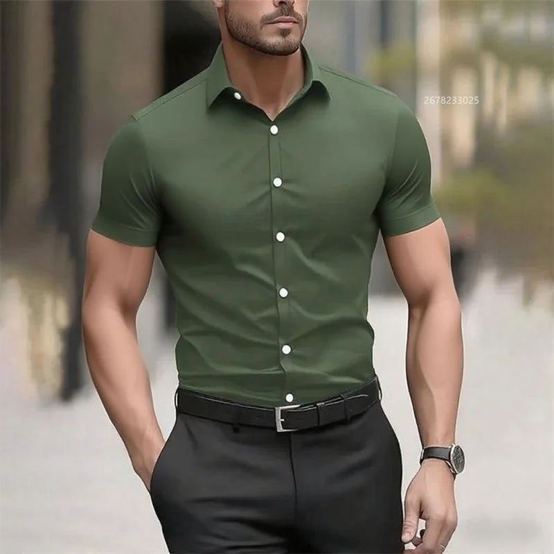 Solid color men's shirt casual shirt, high quality solid color short sleeve stretch fabric, business formal shirt, XS-6XL size