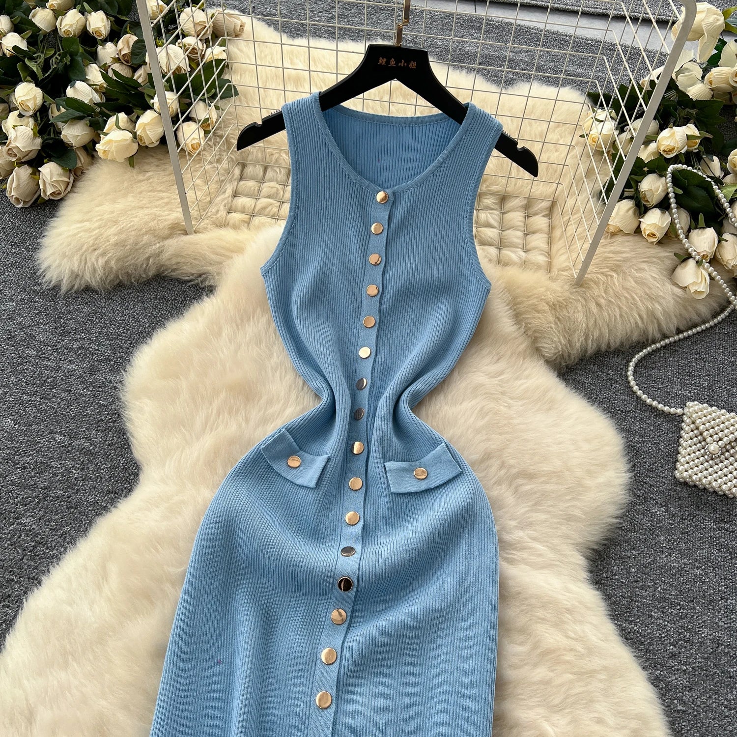 2025 New Women Chic Fashion With Golden Buttons Knitted Midi Dress O Neck Sleeveless Female Dresses Vestidos Mujer