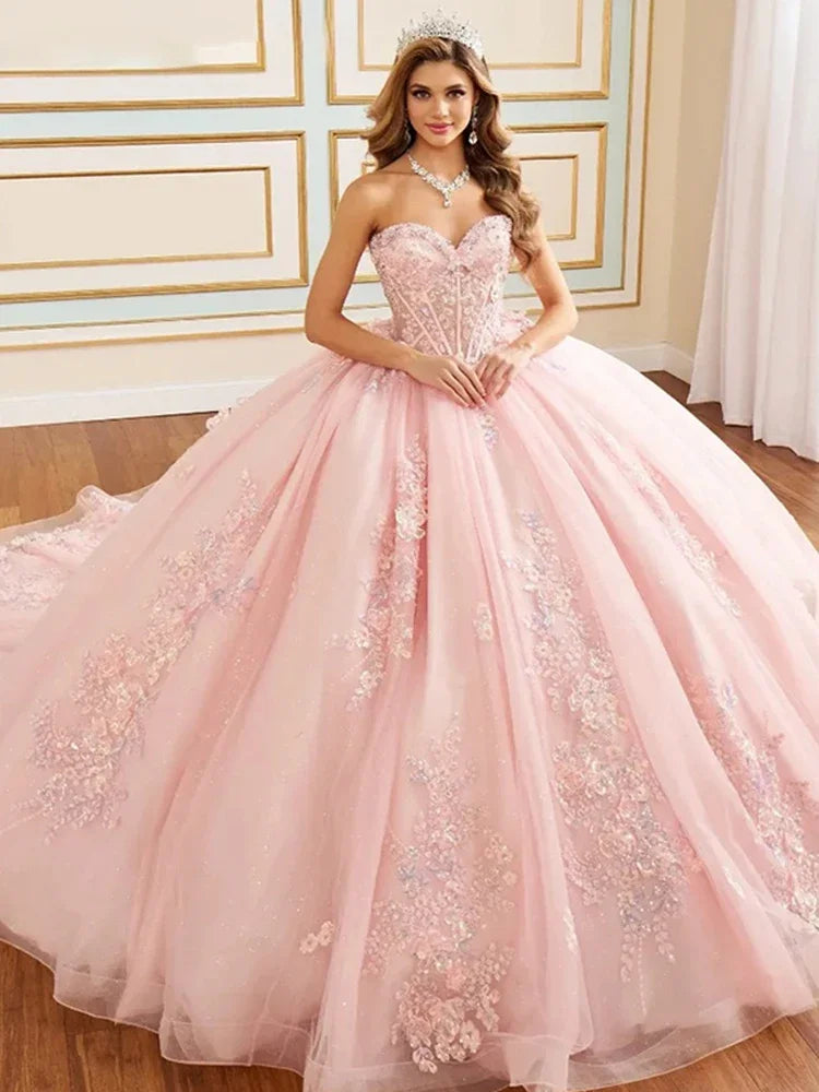 Glamorous Chic Prom Dresses Organza With Embroidery Sequins Quinceanera Dresses Strapless Sleeveless Customized Back Lace Up Bow
