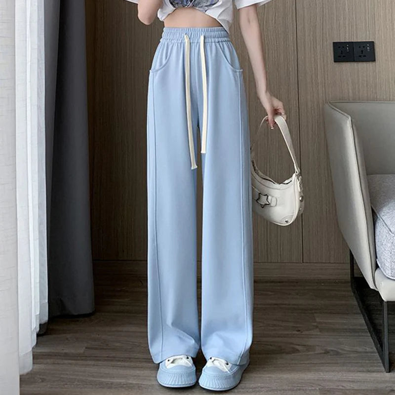 Lady Casual Daily High Waisted Sweatpants Women Drawstring Straight Leg Pants Girls Korean Slim Fit Thin Trousers