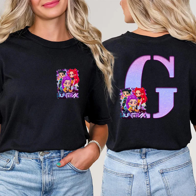 Fashion A-Z 26 Letter T-Shirts Kpop Demon Hunters Graphic Aesthetic Clothing Women T-Shirt Harajuku Female Clothing Y2k Tops