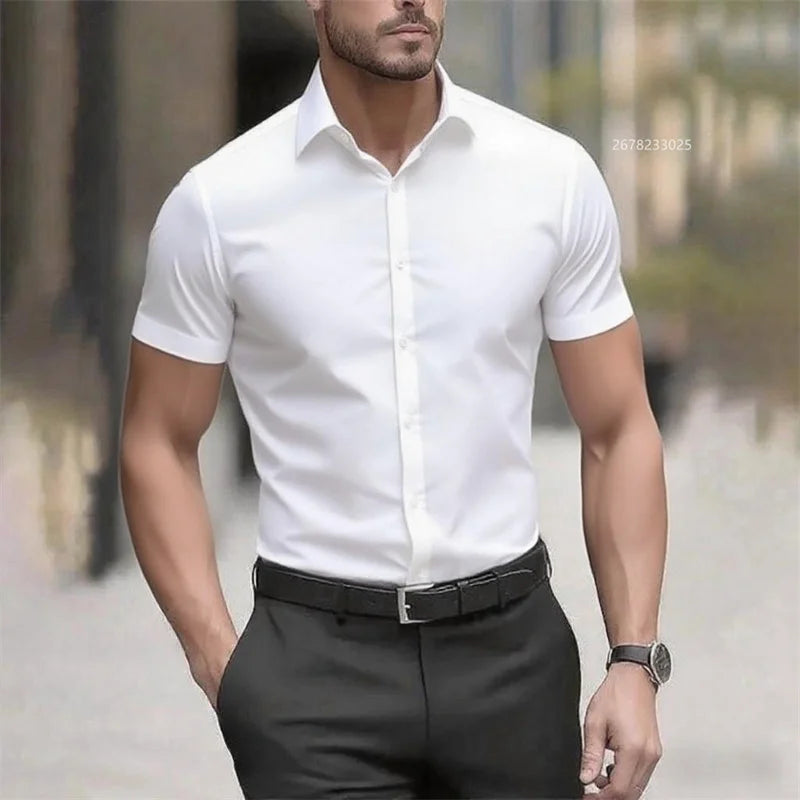 Solid color men's shirt casual shirt, high quality solid color short sleeve stretch fabric, business formal shirt, XS-6XL size