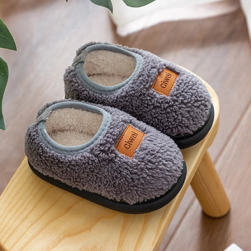 Children Cotton Slippers Solid Warm Kids Winter Home Shoes Boys Girls Plush Floor Shoes Indoor Soft Sole Anti-slip Cotton Shoes