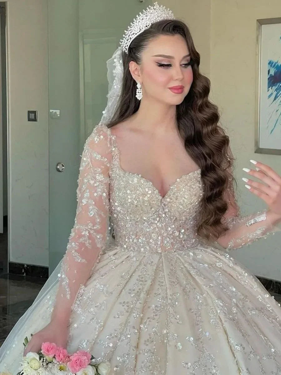 Customzied Luxury Long Sleeve Dubai Wedding Dress Ball Gown Plus Size Sequined Beading Illusion Saudi Arabic Bridal Gown