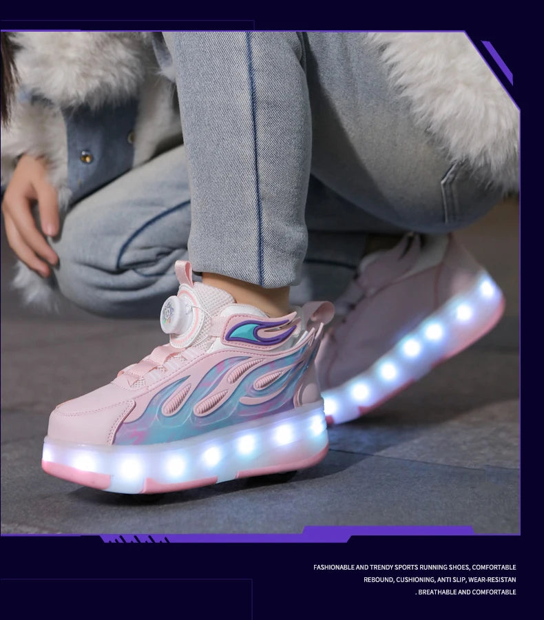 2025 New children's four-wheel novice light up rotary button automatic shrinkage fast walking shoes for boys sneakers