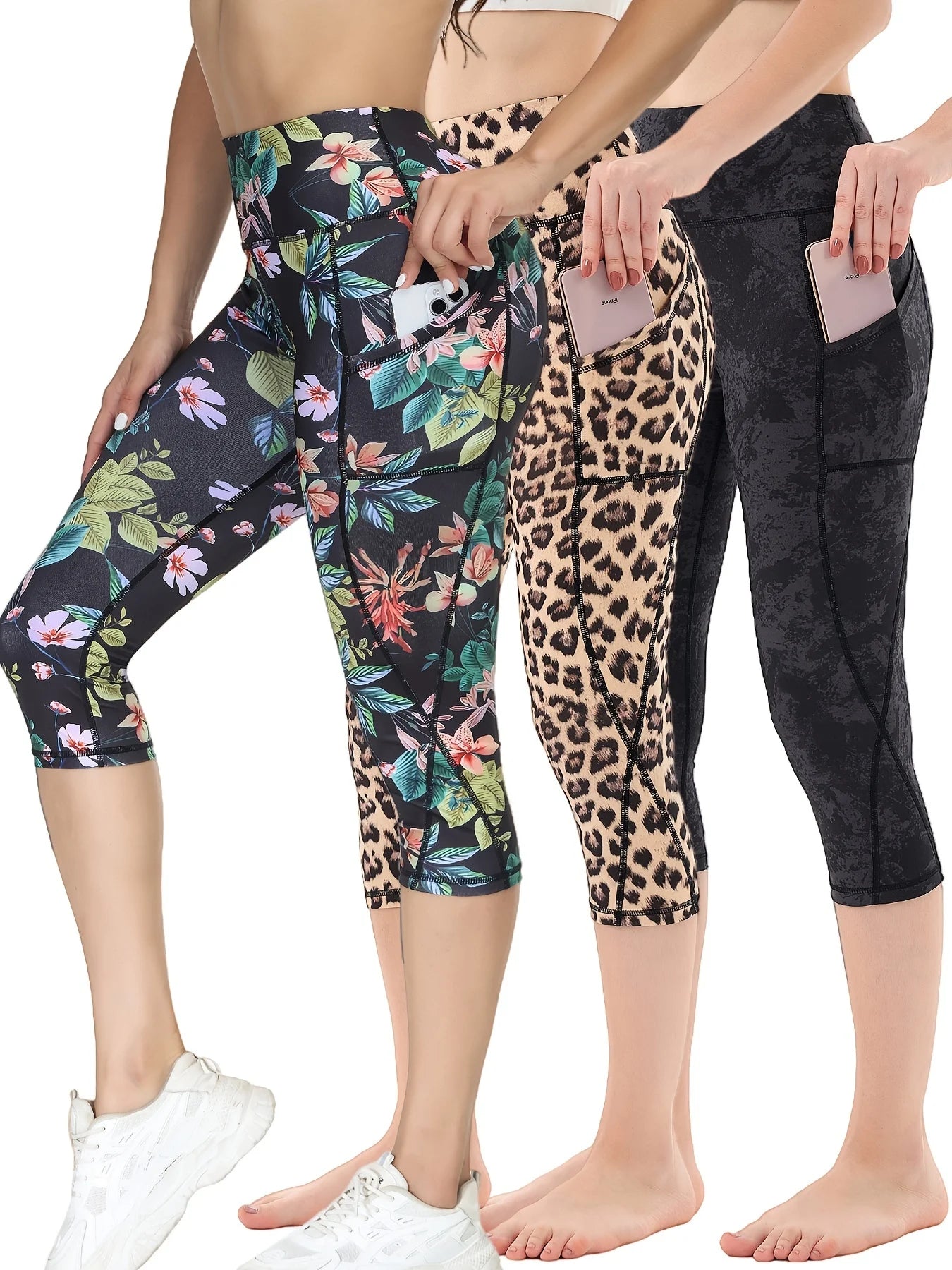 3pack Women's High Waisted Yoga Capris with Pockets Tummy Control Workout Sports Running Capri Leggings