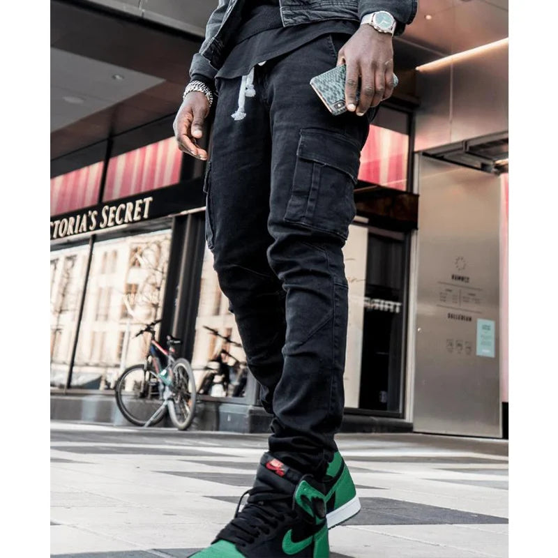 Men's Fahsion Elastic Skinny Cargo Pants Jeans Men Solid Color Multi Pockets Casual Slim Fit  Male Denim Trousers mens clothing