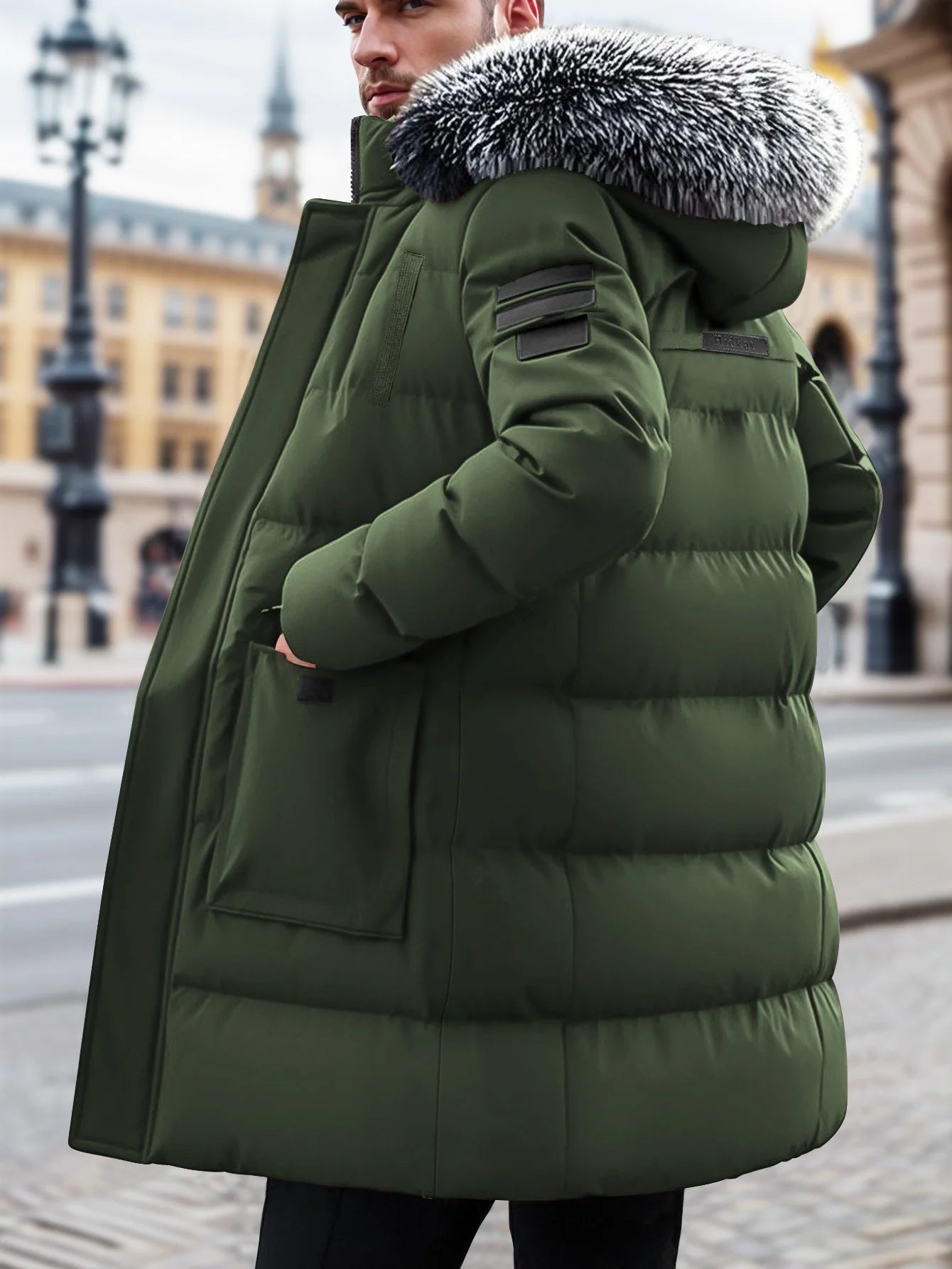 Winter Windproof Men's Faux Jacket Casual Polyester Coat with Detachable Hood Zip-Up Front Long Sleeves & Pockets Winter Clothes