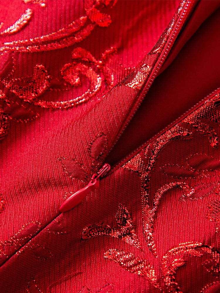 Red Chinese Style Sleeveless Beaded Dress for Wedding, Banquet, Evening Party Elegant Midi Dress for Women