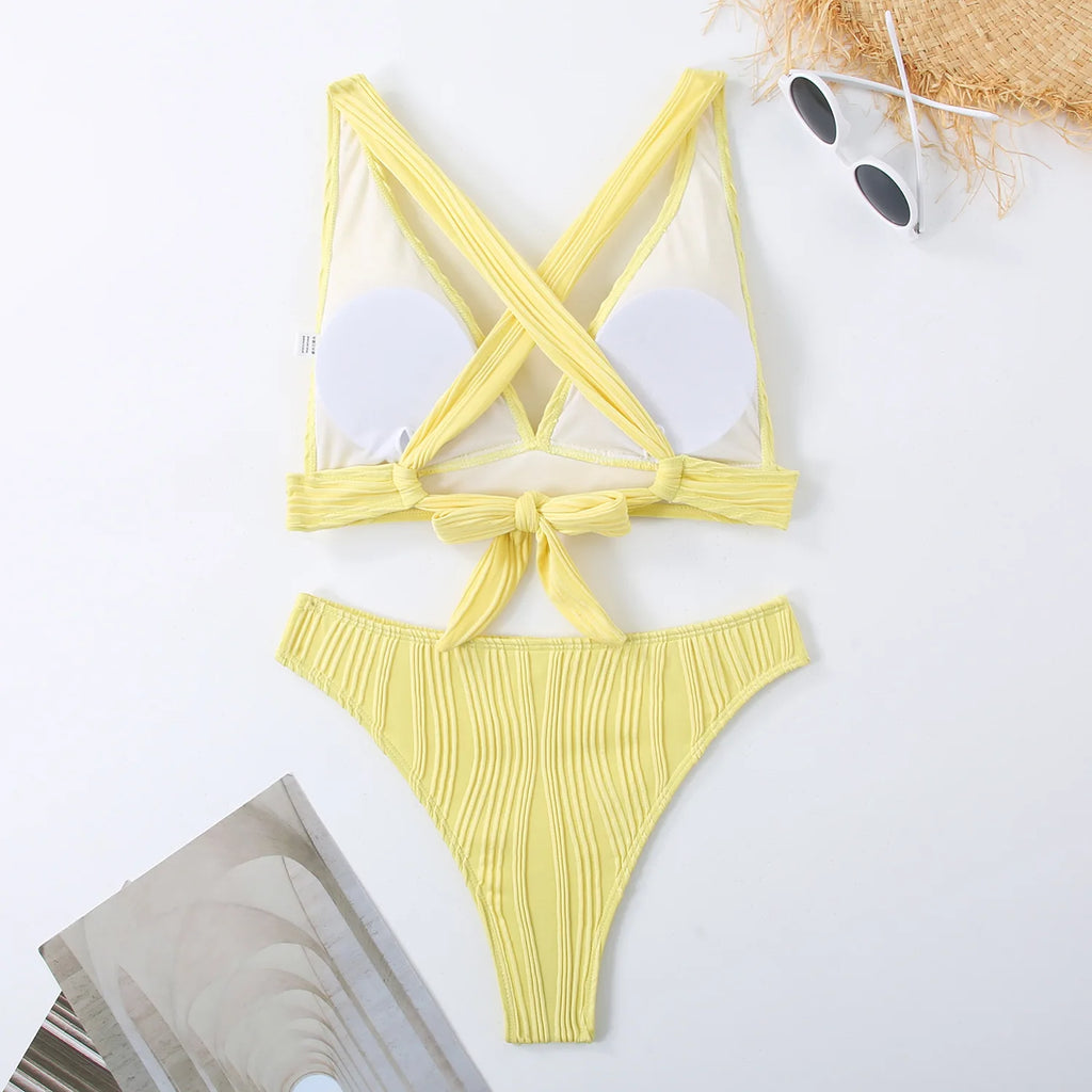 2025 Wrinkled Crinkled Bikini Women Swimwear Female Swimsuit Two-pieces Bikini Set High Cut Bathing Suit Swim Beach Wear Lady