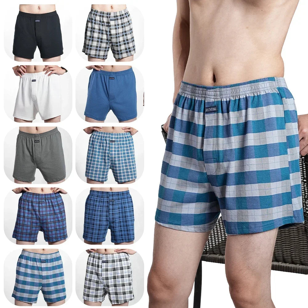 Men's Pure Cotton Boxer Shorts Underwear High Waist Big Underpants Casual Plaid Plus Size Aro Pants Pajama Bottoms at home M-3XL