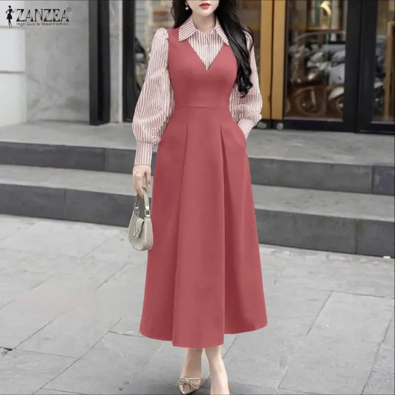 ZANZEA Women Long Shirt Dresses Autumn Long Sleeve Striped Fake 2 Piece Shirts Maxi Robe Fashion Elegant Office Party Vestidos