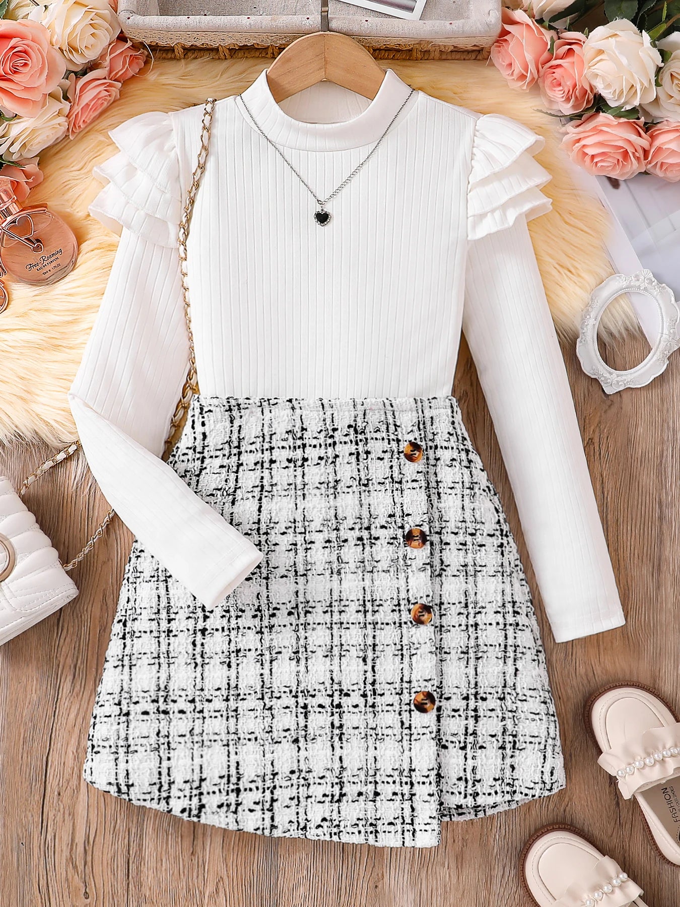 Spring and Autumn children's 2-piece fashion casual clothing white high-neck long-sleeved flying sleeve top + plaid A-line skirt