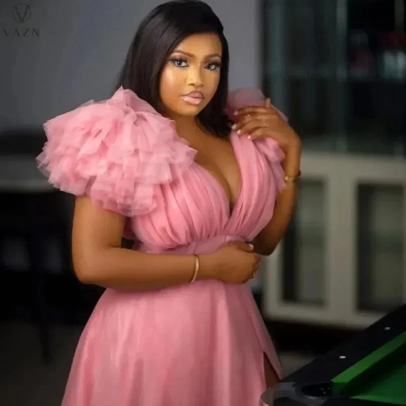 Customized Puff Mesh Short Sleeves Women Party Dress Plus Size 5XL Side Split Deep V Neck Sexy Club Dresses 2025 Charming Birthd