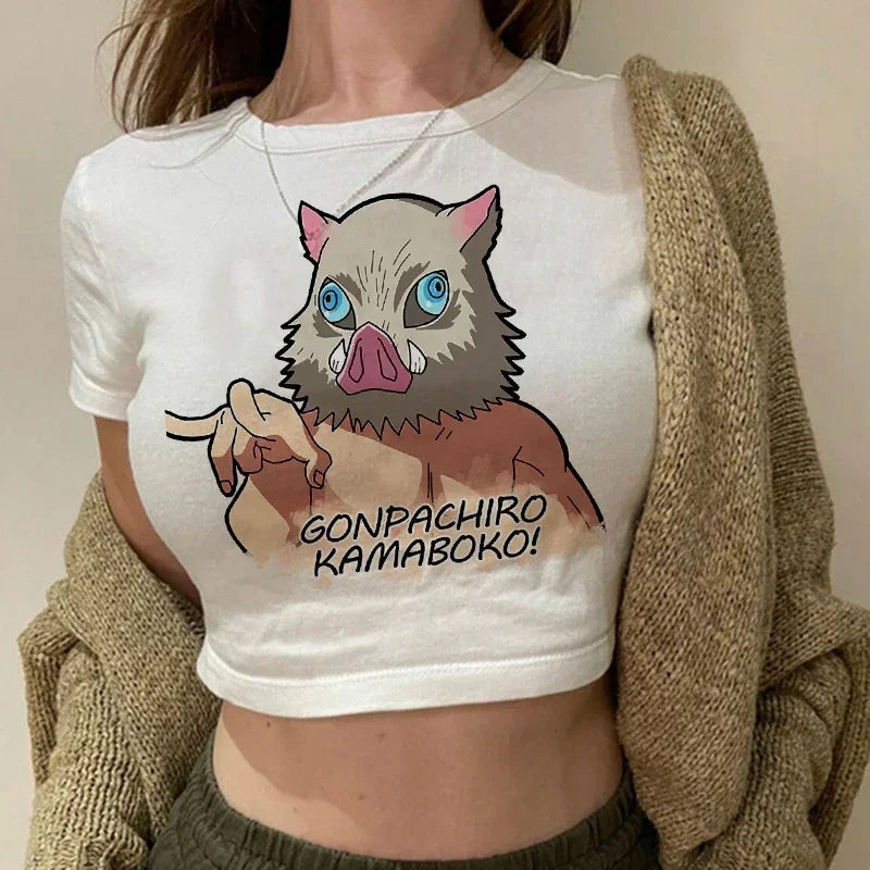 90s Manga Kimetsu No Yaiba Crop Top Demon Slayer T Shirt Women Y2k Nezuko Japanese Anime Tshirt Tanjirou Kamado Cropped Female