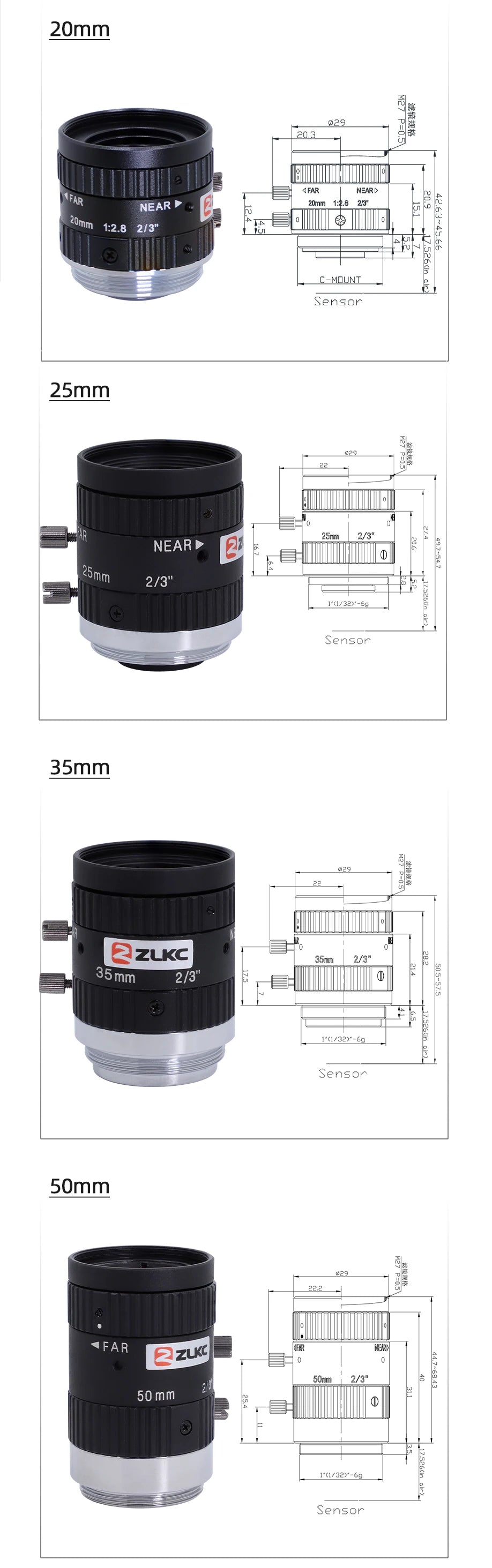 ZLKC 5MP C Mount 8mm 12mm 16mm 25mm 35mm 50mm Lens 2/3 Inch FA Machine Vision Industrial Camera Manual Iris Low Distortion F1.8