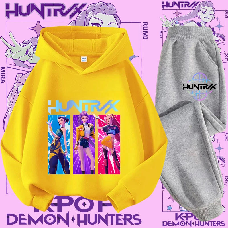 K-pop Demon Hunter New Children's Hoodie Set - Cute Girls' Casual Top for Kids,Boys' Sports Shirt with Cartoon Print-2-Piece Set