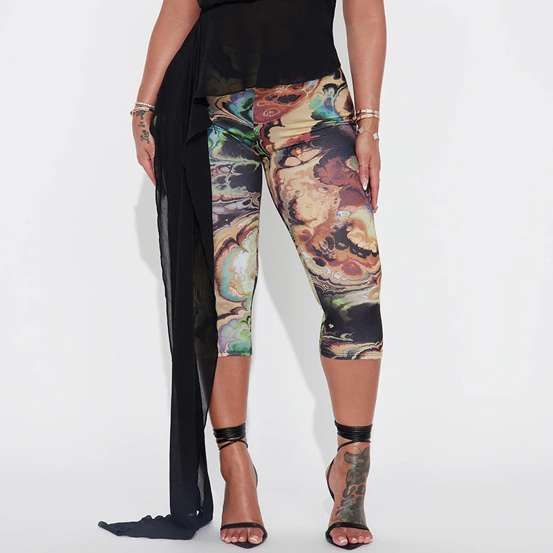 CUTENOVA Women'S Sexy Skinny Abstract Pattern Printed Elastic High Waisted Hip Wrap Elastic Seven Points Casual Sporty Pants