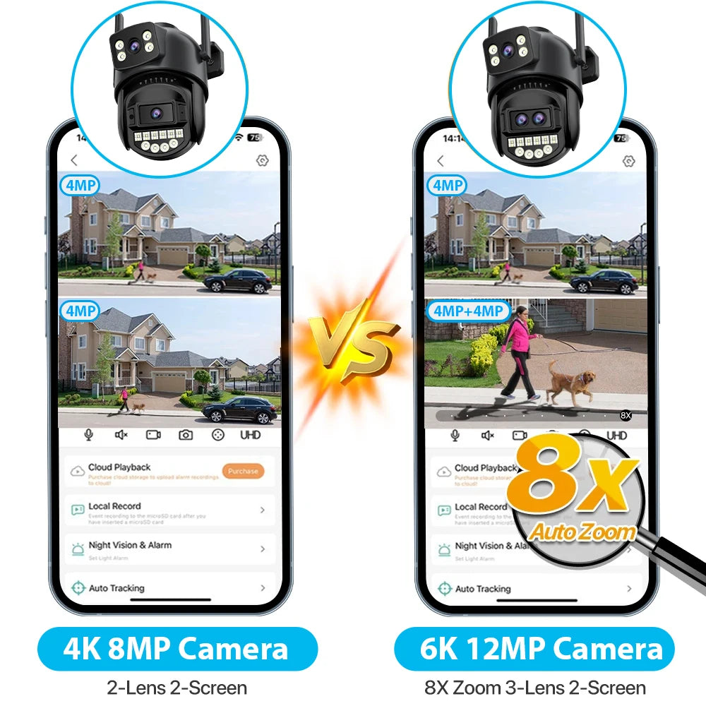 12MP 6K HD WiFi IP Camera Outdoor 8X Zoom Three Lens Dual Screen PTZ Camera Auto Tracking 6MP Security CCTV Surveillance Camera
