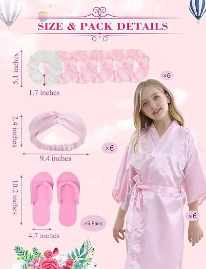 12 Pack Girls Kids Silky Satin Robe with Hair Band Slipper Hair Ring for Wedding Birthday Party Spa