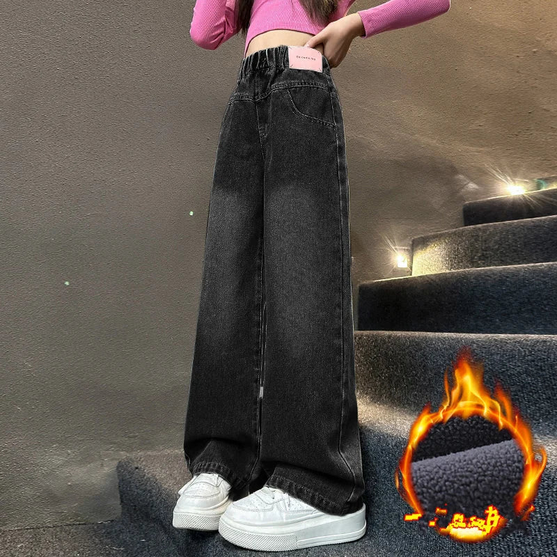 Korean Style Children Insulated Jeans for Girl Baby Warm and Thick Thermal Denim Pants for Girls Autumn Winter Trousers for Kids