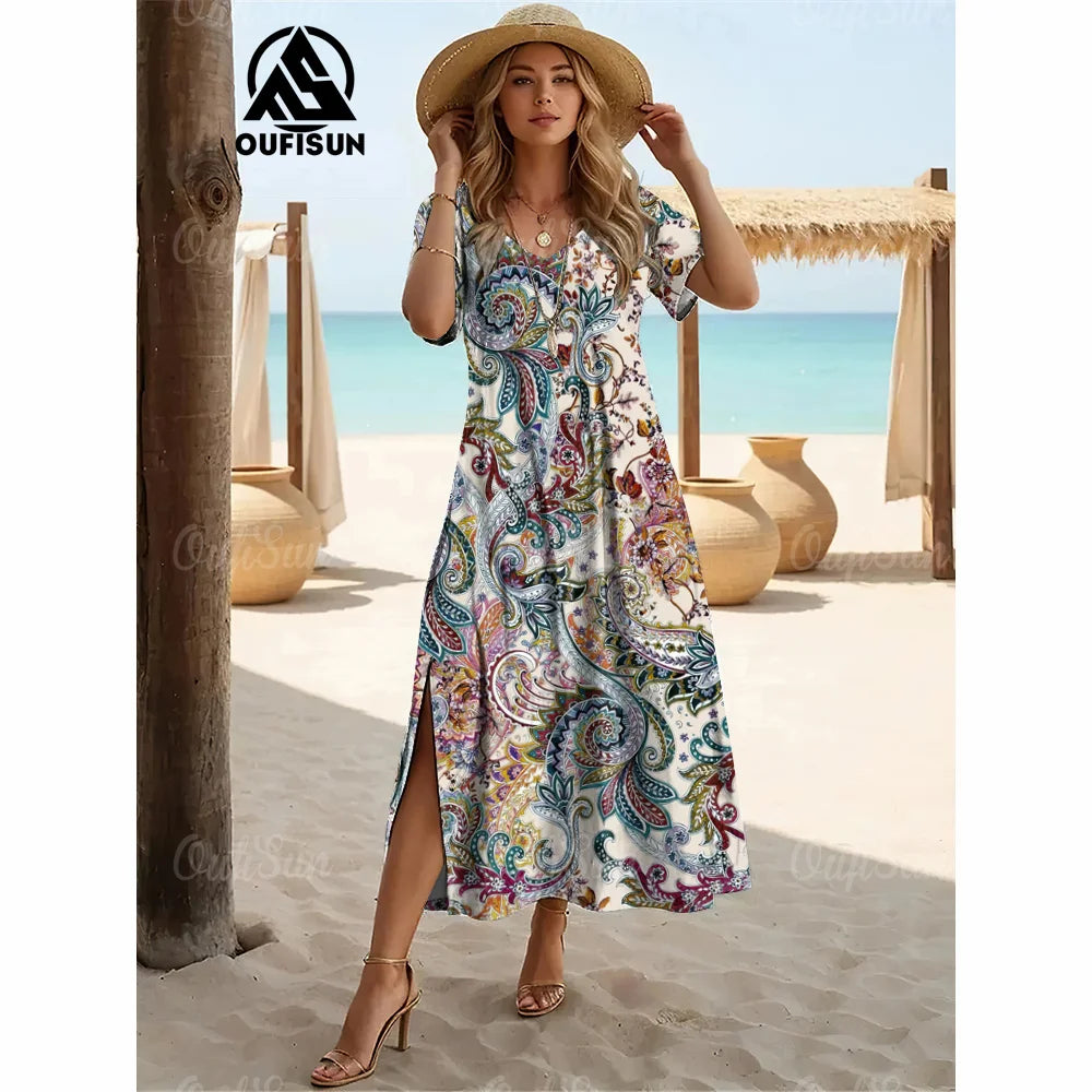 Elegant Womens Dresses Summer V-Neck Women's Clothing Vintage Woman Long Dress Fashions Evening Dress Loose Oversize Pullover