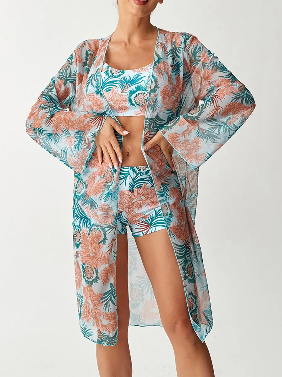 3 Pieces Strappy Bikinis 2026 With Kimono Swimsuit Women Printed High Waist Swimwear Female Bathers Bathing Swimming Swim Suit