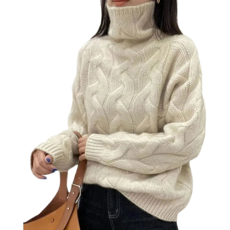 100% pure cashmere sweater women's autumn and winter high-necked loose twisted thick lazy wind bottoming plus size sweater
