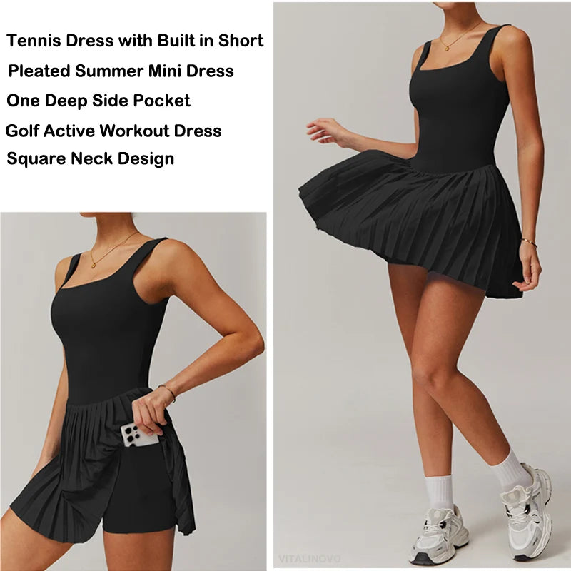 VITALINOVO Workout Tennis Dress with Built in Shorts Square Neck Padded Workout Dress with Pockets Golf Athletic Mini Dresses