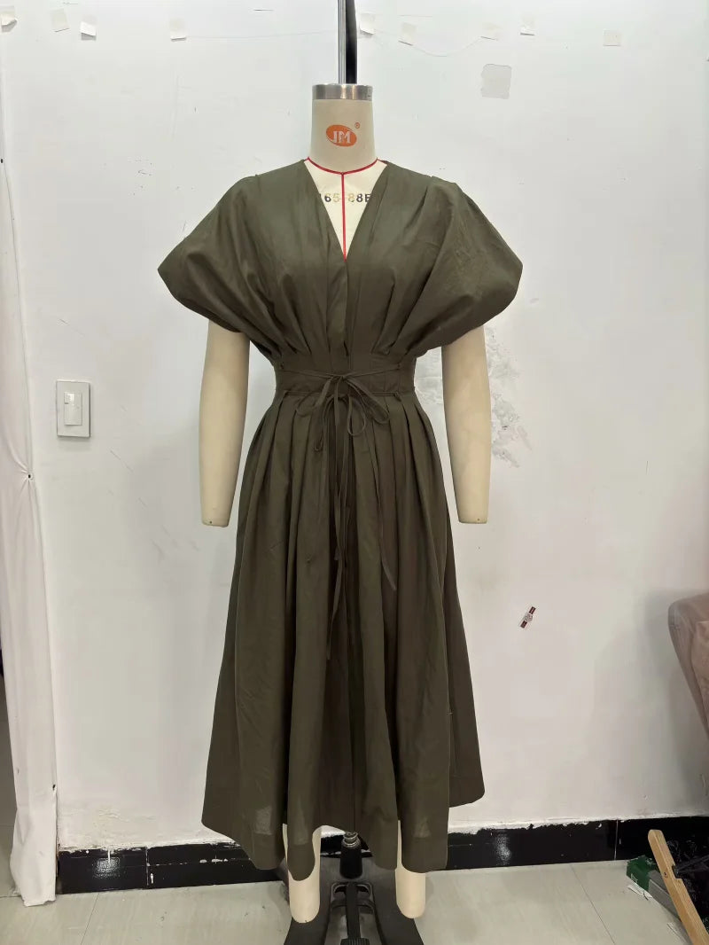 ETJ Summer 2025  women's elegant party dress Vintage V-neck fashion pleated lace-up MIDI poplin dress