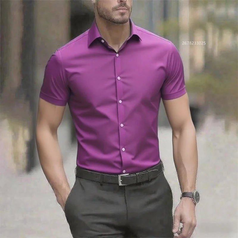 Solid color men's shirt casual shirt, high quality solid color short sleeve stretch fabric, business formal shirt, XS-6XL size