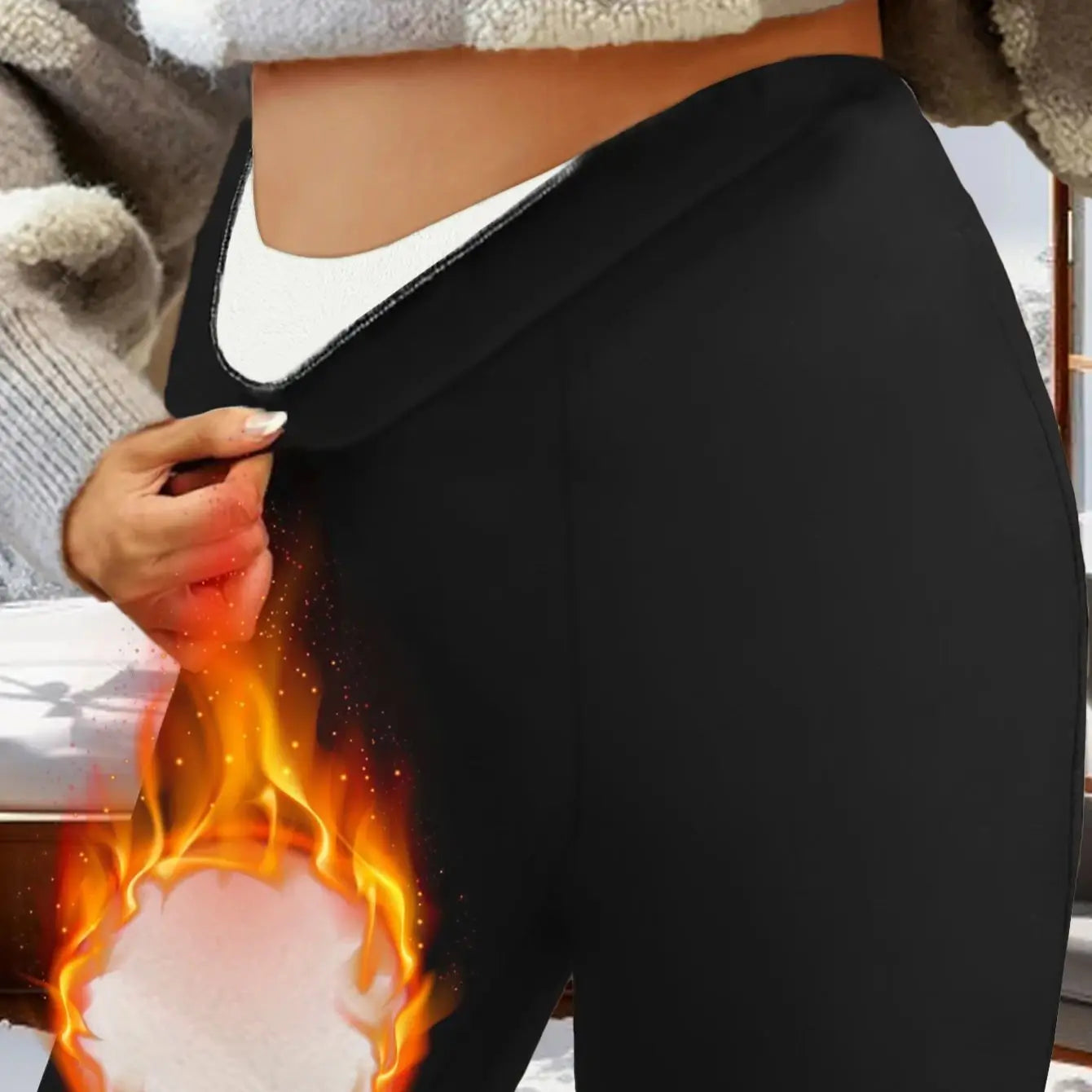 1 pair of women's black wool lined bell bottom pants - winter thick pants with plush lining, warm tight pants with plush lining