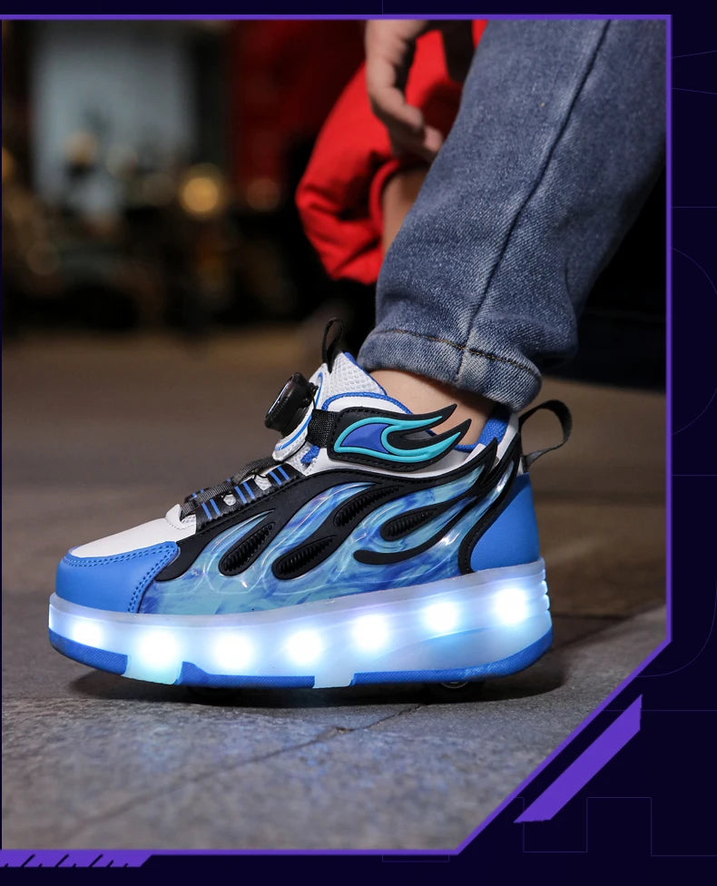 2025 New children's four-wheel novice light up rotary button automatic shrinkage fast walking shoes for boys sneakers
