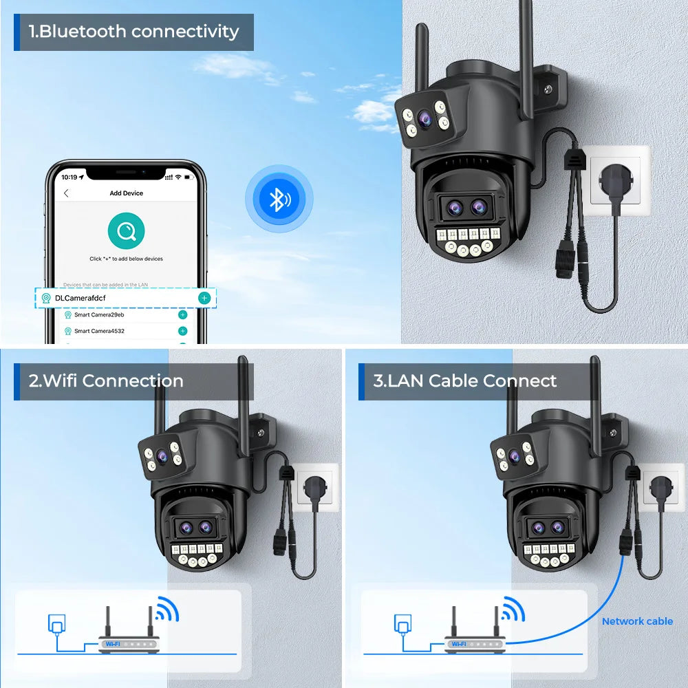 12MP 6K HD WiFi IP Camera Outdoor 8X Zoom Three Lens Dual Screen PTZ Camera Auto Tracking 6MP Security CCTV Surveillance Camera