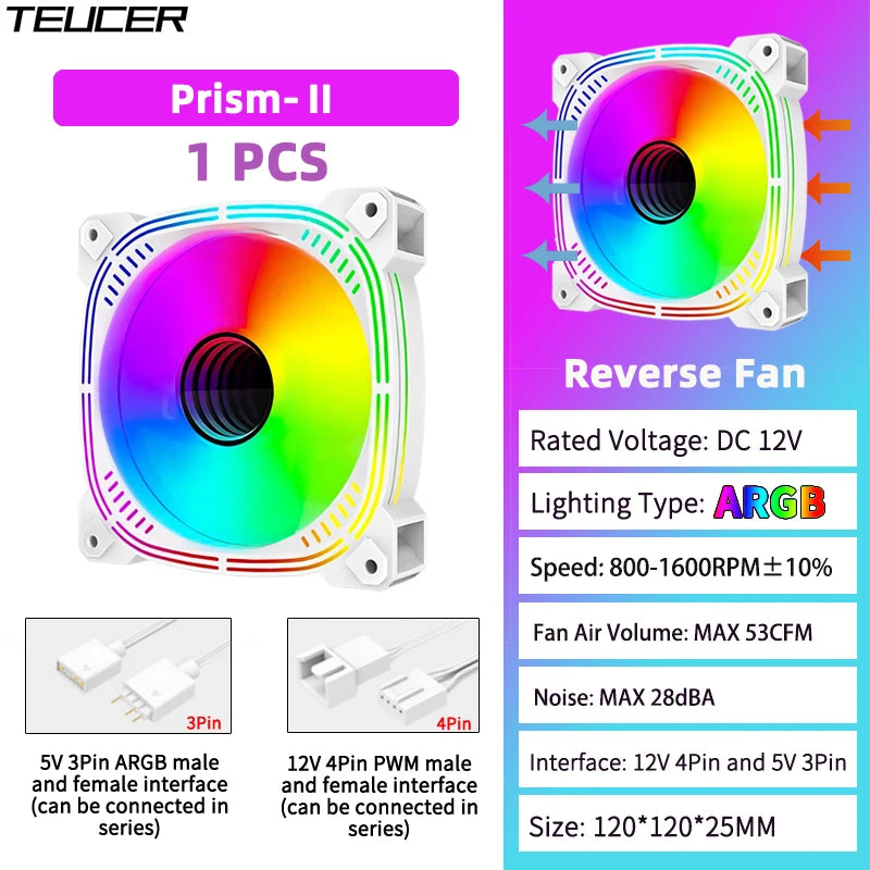 TEUCER Prism-2 1PCS/3PCS ARGB Case Fan, 120mm PWM 800-1600RPM 5V 3Pin RGB Gaming PC Cooling Fan