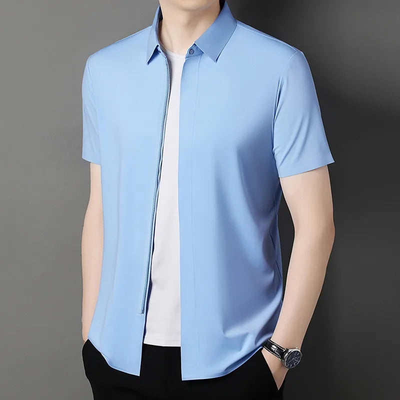 Quality Zipper Dress Shirts for Men Short Sleeve Business Non-iron Wrinkle Resistance Elastic Top New Western-style Formal Shirt