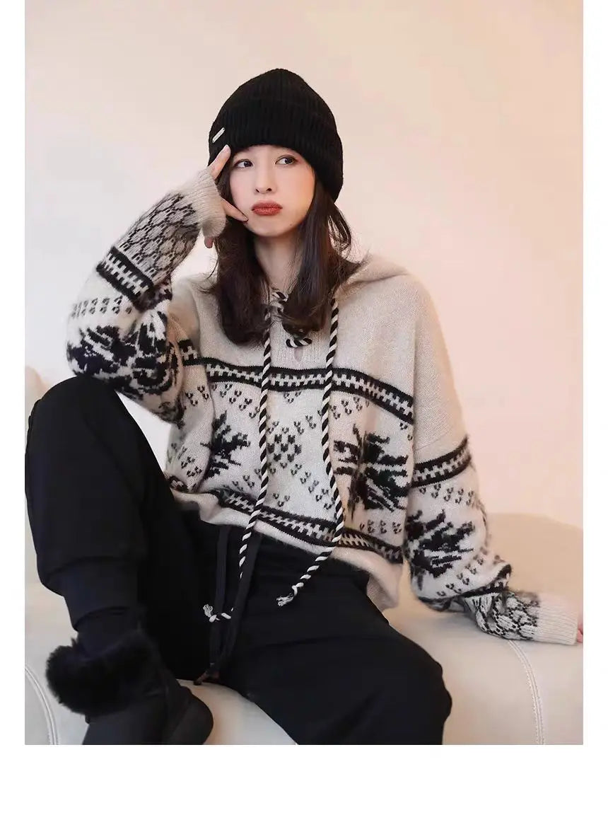 100% pure wool cashmere sweater women's 2024 autumn and winter new hooded collar pullover fashionable loose knit plus size top