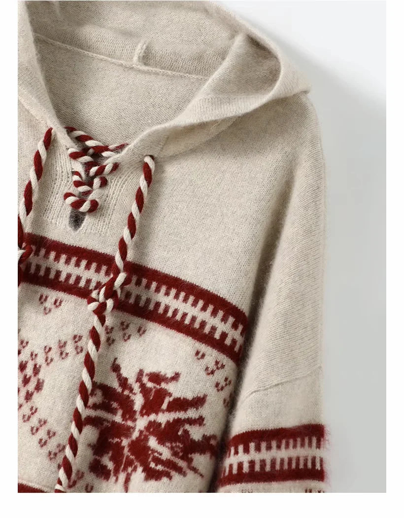 100% pure wool cashmere sweater women's 2024 autumn and winter new hooded collar pullover fashionable loose knit plus size top