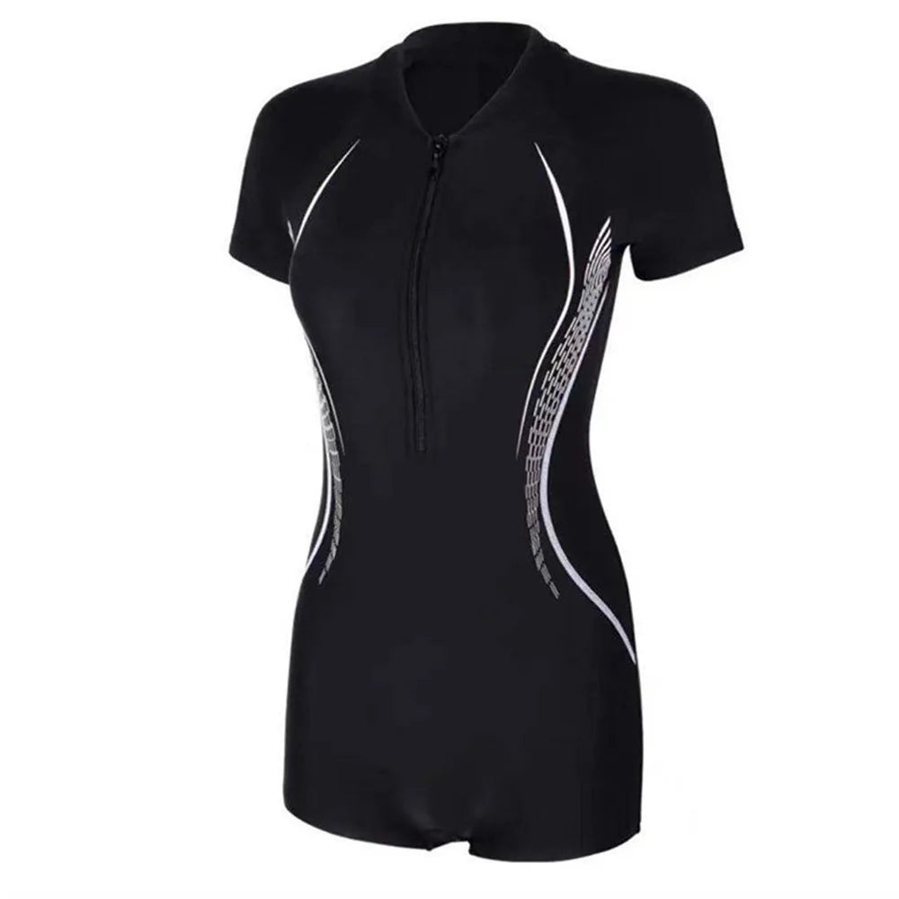 Fashion Black One Piece Sports Swimwear Short Sleeve Zipper Sports Swimsuit Beach Swimwear for Women Quick-Drying Bathing Suits