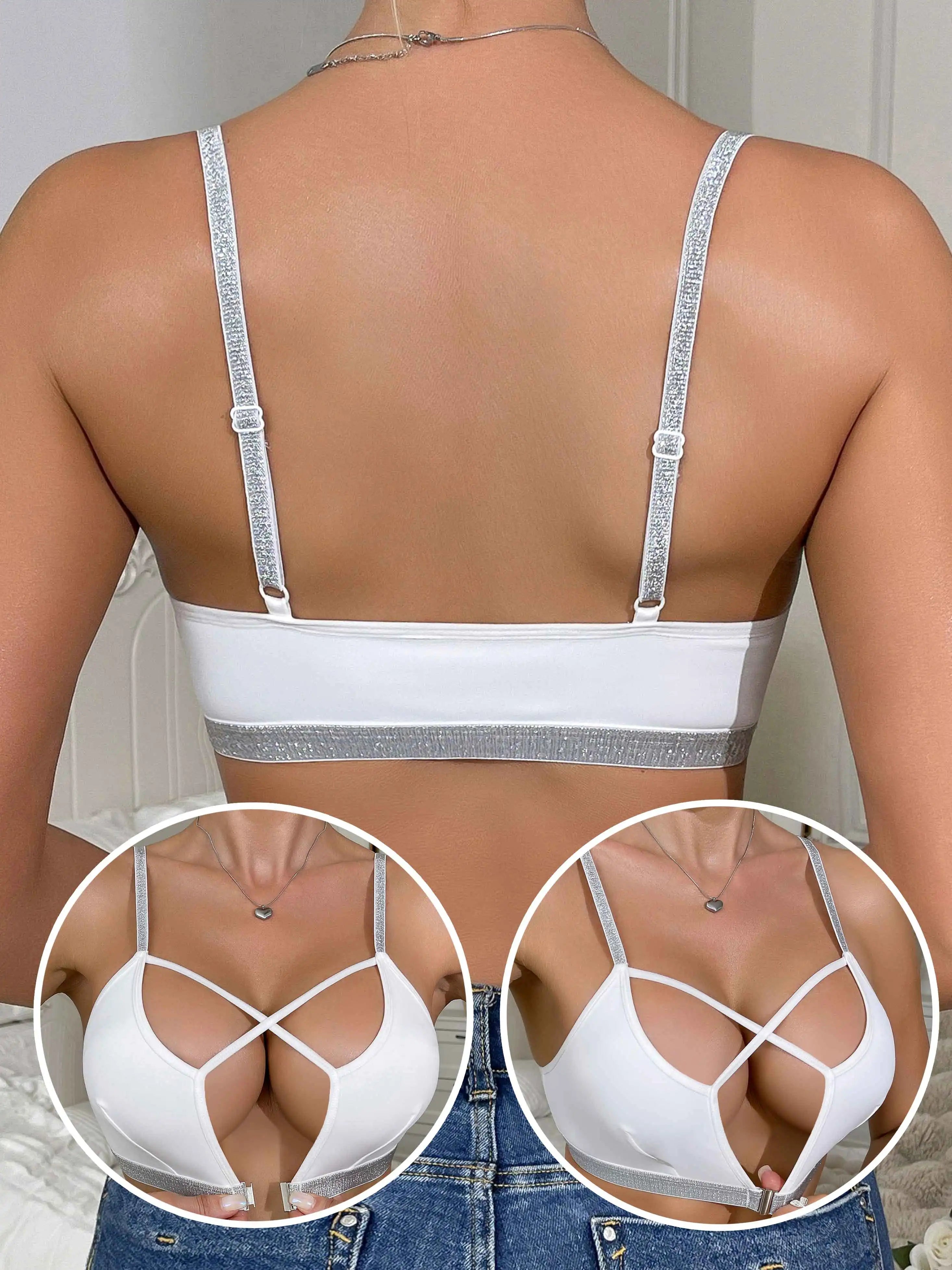 1 Piece Women's Sexy White Cross Back Bra Adjustable Strap Wireless Comfortable Breathable Light Weight Elegant Design