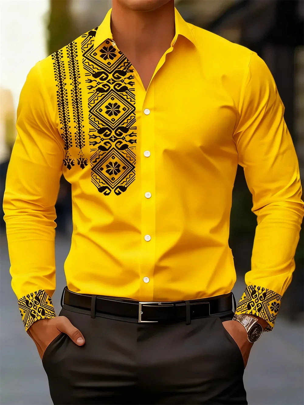 Men's black and white paisley printed casual shirt, suitable for business, daily office wear, and casual wear