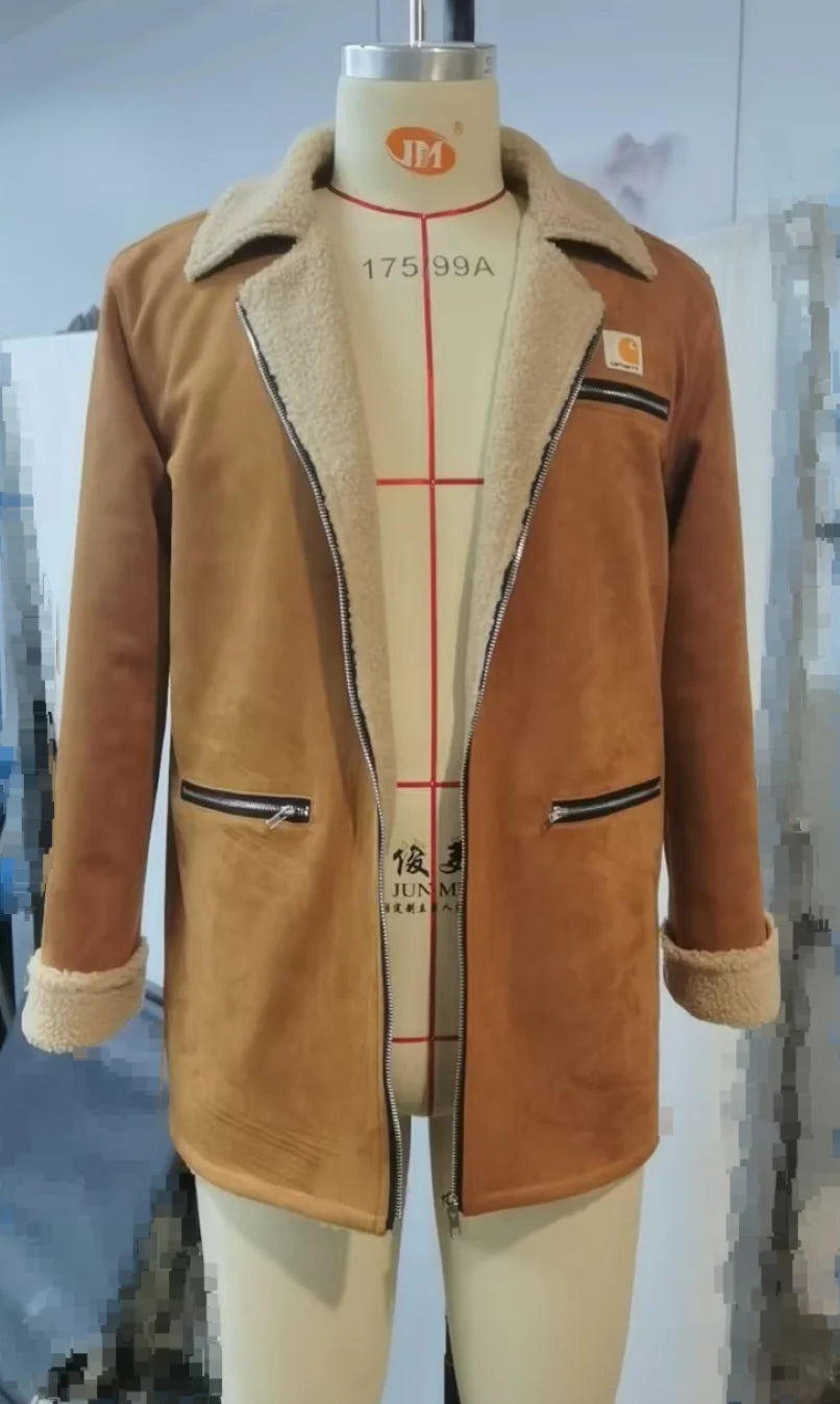 2025 Men's Vintage Suede Shearling Coat, Fleece Lined Mid-Length Jacket with Zipper Pockets, Reverse Collar, and Warm Wool Fur