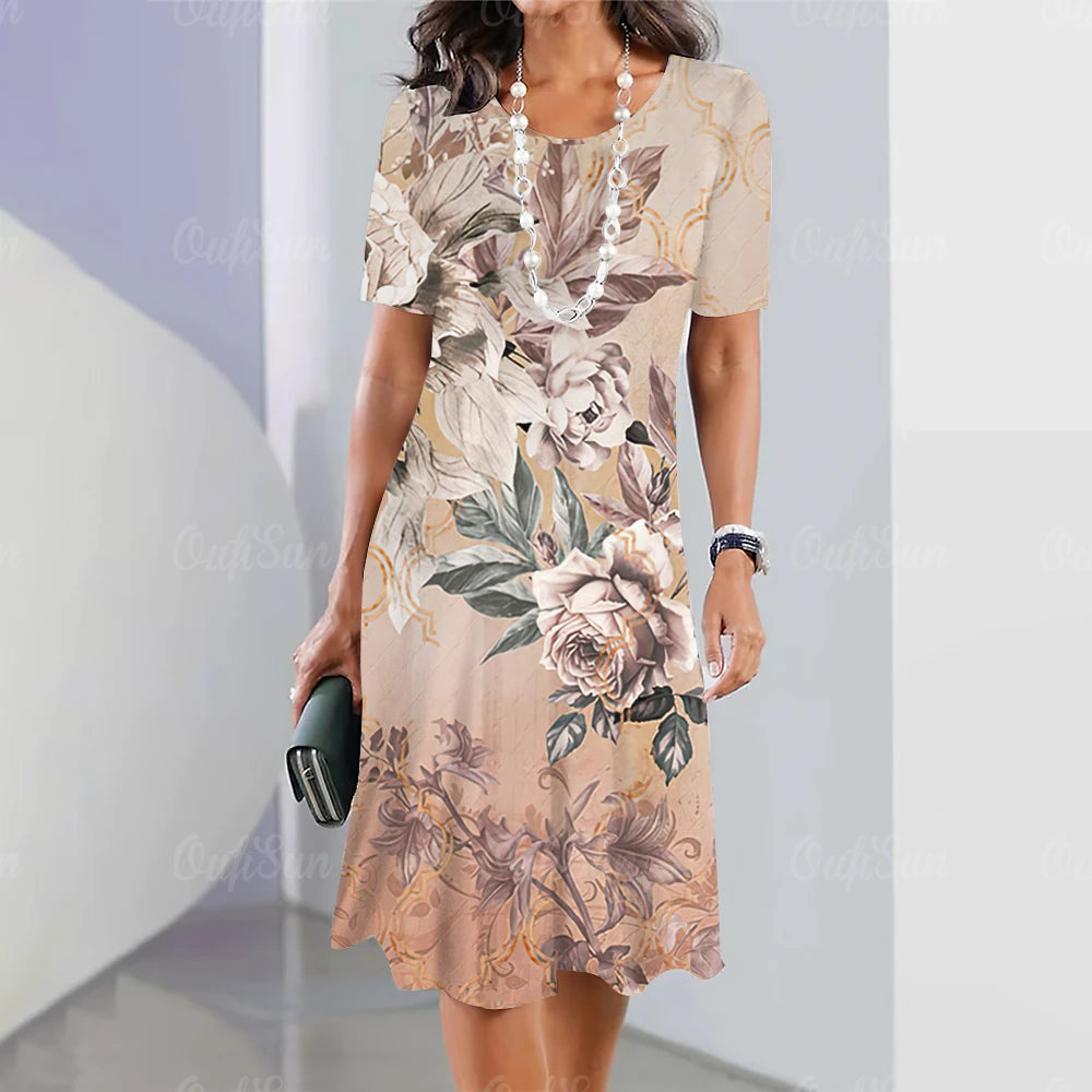 Summer Women'S Dresses 3d Art Flowers Printed Short Sleeve Clothing Elegant Loose A-Line Skirt Fashion Lady Large Size Dress