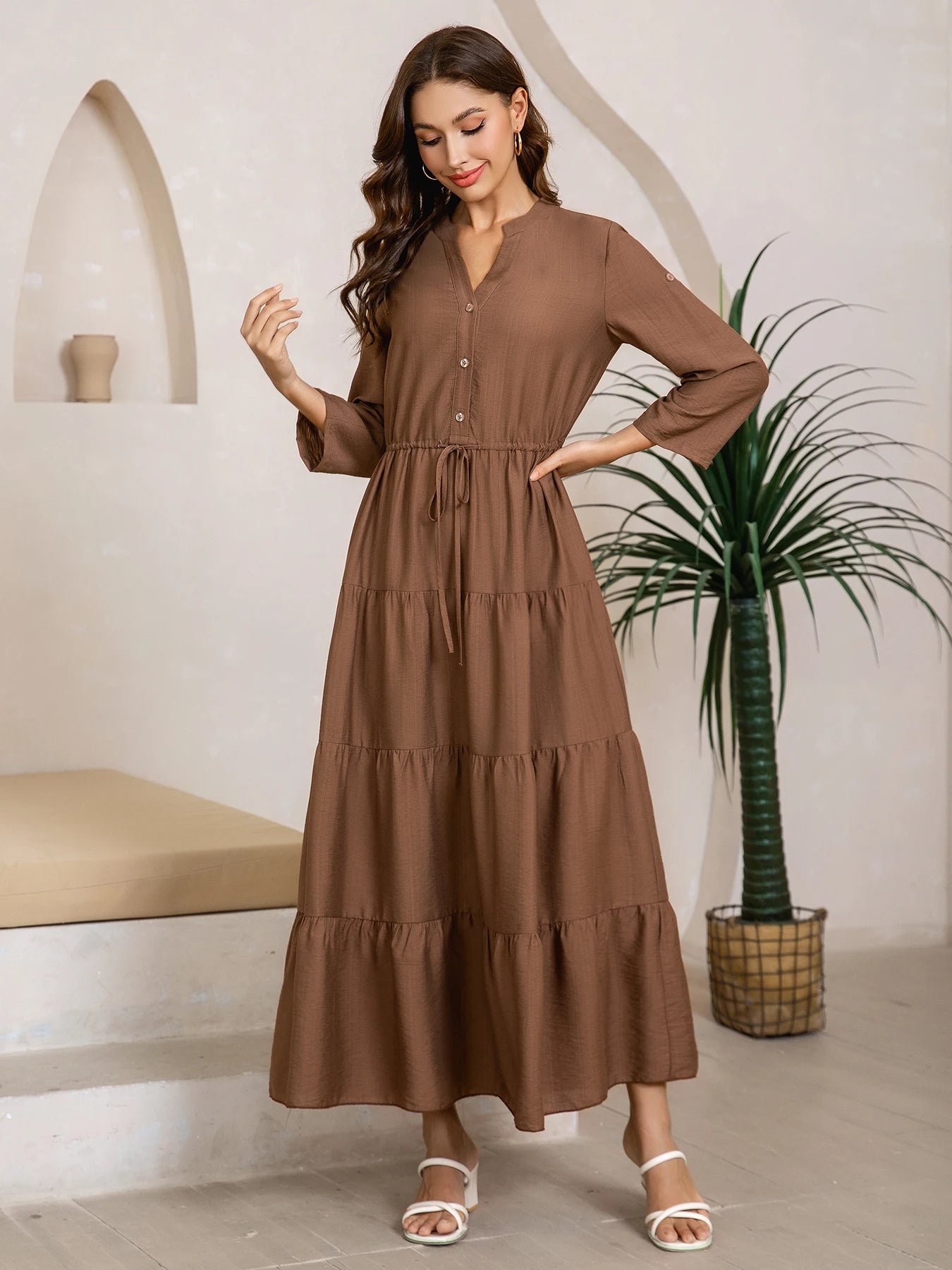 Women's casual dress, V-neck, three-quarter sleeves, half-opening, drawstring waist, layered A-line skirt, brown, elegant mature