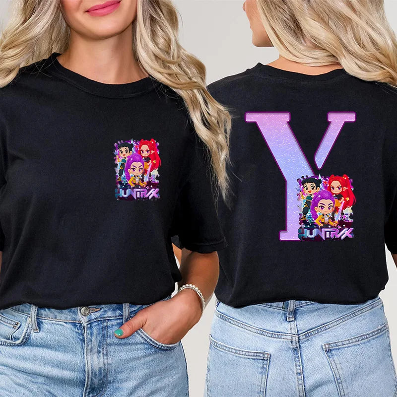 Fashion A-Z 26 Letter T-Shirts Kpop Demon Hunters Graphic Aesthetic Clothing Women T-Shirt Harajuku Female Clothing Y2k Tops