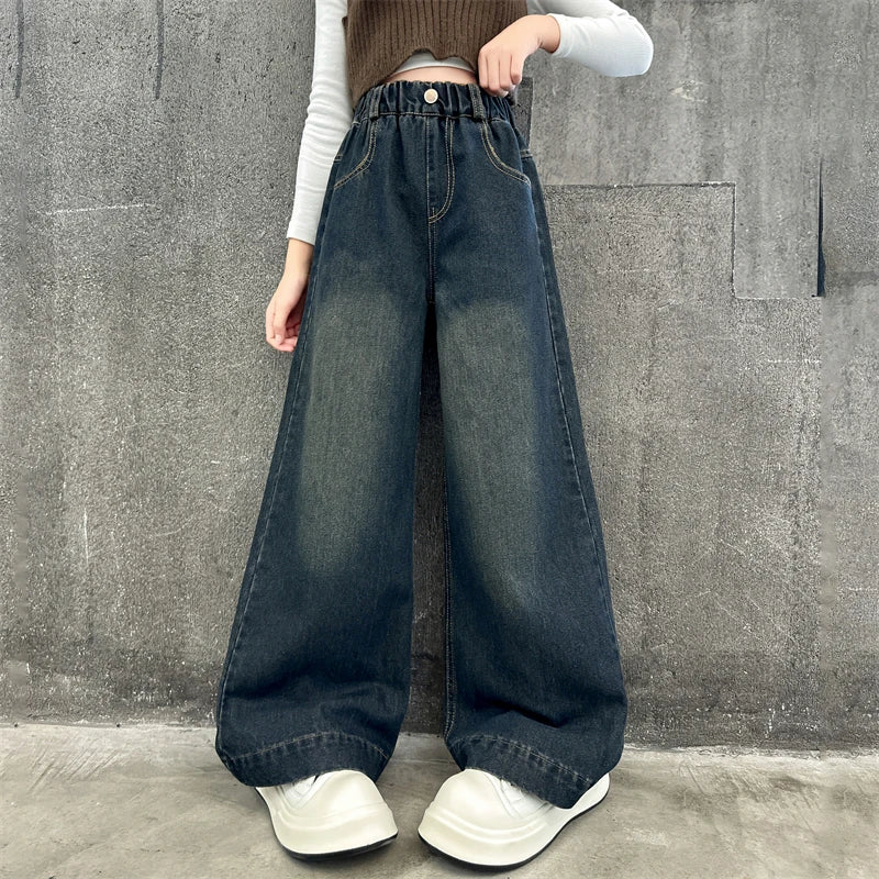 Child Fashion High-Waisted Wide-Leg Jeans For Tween Girls Streetwear Loose Denim Pants Kids Washed Dark Blue Jeans Trousers 5-14