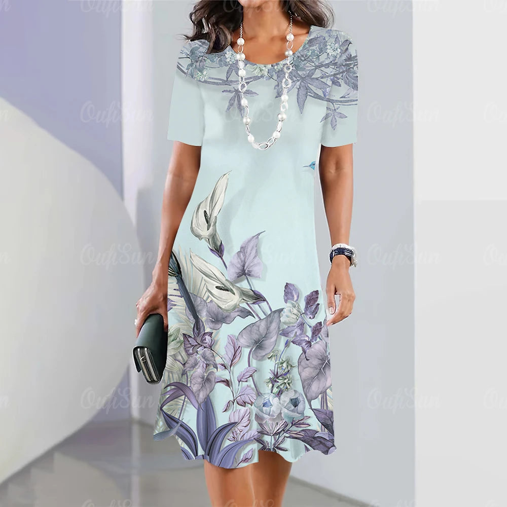 Summer Women'S Dresses 3d Art Flowers Printed Short Sleeve Clothing Elegant Loose A-Line Skirt Fashion Lady Large Size Dress